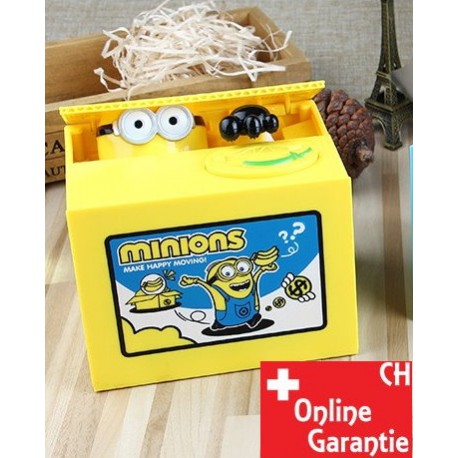 Lustige Minions Spardose mit Musik beim Münzenklau. Ein frecher Minion mit grossen Augen ist im Einsatz.