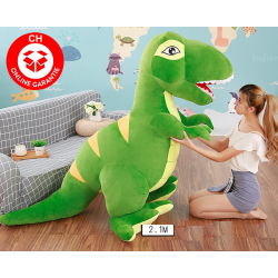 XXL Dinosaurier Plüschtier 2,1 m. Grüner T-Rex aus weichem Plüsch, ideal für Kinder. Mit Frau als Grössenvergleich