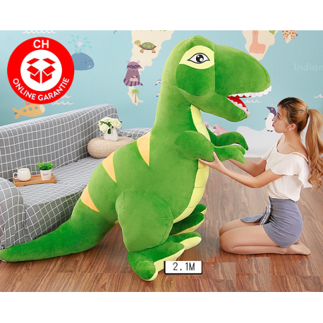 XXL Dinosaurier Plüschtier 2,1 m. Grüner T-Rex aus weichem Plüsch, ideal für Kinder. Mit Frau als Grössenvergleich