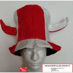 Chapeau de supporter rouge et blanc avec cornes – peluche pour carnaval et match