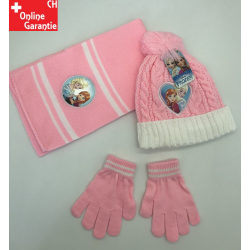 Disney Die Eiskönigin Frozen Winterset für Kinder in Rosa mit Mütze mit Bommel, Schal und Handschuhen