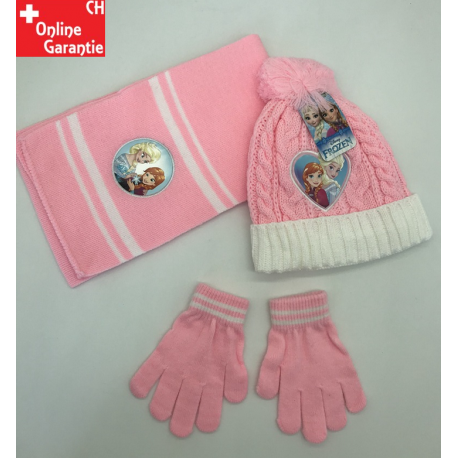 Ensemble Disney La Reine des Neiges Frozen pour enfant en rose avec bonnet à pompon, écharpe et gants