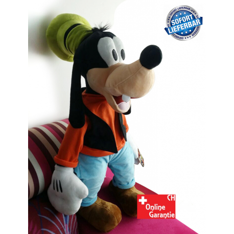 Goofy Kuscheltier 75 cm frontal mit orangefarbener Jacke hellblauen Hosen grüner Mütze und weichem Plüsch