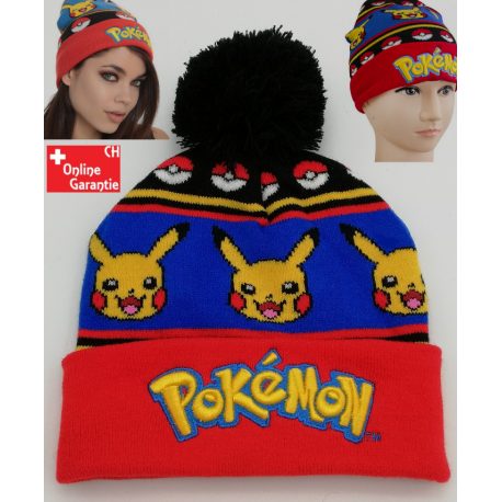 Pokémon Pikachu Wintermütze mit Bommel und Pokébällen Beanie mit gesticktem Logo