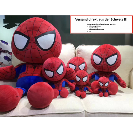 Verschiedene Spider-Man Kuscheltiere, das grösste links mit etwa 100 cm. Im Angebot ist nur dieses XXL Modell.