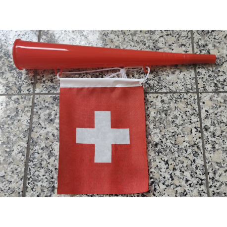 Trompette supporter Suisse 39 cm avec drapeau pour stade et public viewing