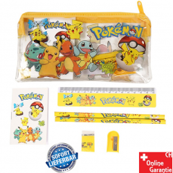 Pokémon Schul Set mit Tasche Stift Aufkleber Anspitzer Radiergummi Etui Pikachu Schule
