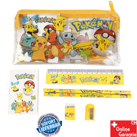 Pokémon Schul Set mit Tasche Stift Aufkleber Anspitzer Radiergummi Etui Pikachu Schule