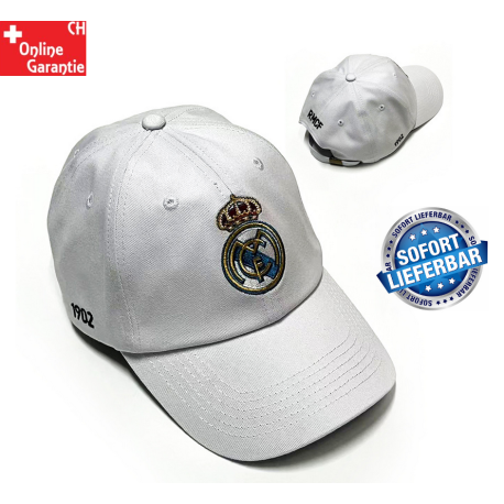 Casquette Real Madrid blanche avec logo brodé sur le devant et broderie latérale « 1902 » – accessoire officiel pour fans de foo