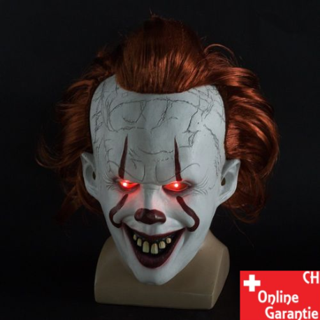 Gruselige Clownmaske mit roten LED Augen und grinsendem Gesicht für Erwachsene