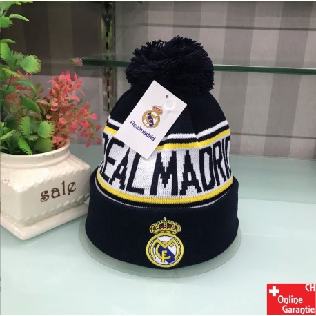 Bonnet d’hiver Real Madrid noir avec pompon, logo brodé et inscription, article de fan de football