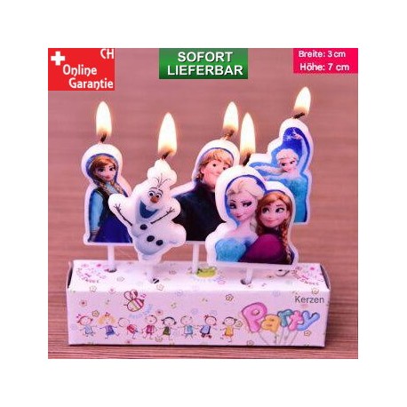 Kaufen hier ein Set mit fünf Kerzen für eine Geburtstagsparty mit Anna, Elsa, Olaf und Kristoff