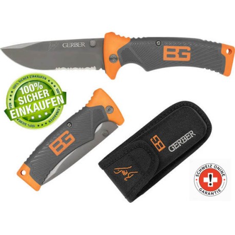 Gerber Bear Grylls Einhandmesser geöffnet und geschlossen mit Nylonscheide