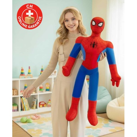 Spider-Man XXL Plüschfigur in Vorderansicht mit rotem und blauem Anzug und Schlaufe zum Aufhängen