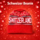 Bonnet Suisse Switzerland Beanie rouge et blanc avec motifs de vaches et inscription 1291