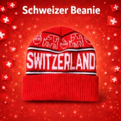 Schweiz Fan Mütze Switzerland Beanie in Rot Weiss mit Kuhmotiven und 1291 Schriftzug