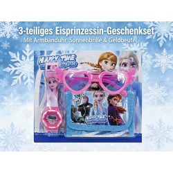 La Reine des Neiges set de cadeau 3 pièces avec montre digitale, lunettes de soleil coeur et portefeuille