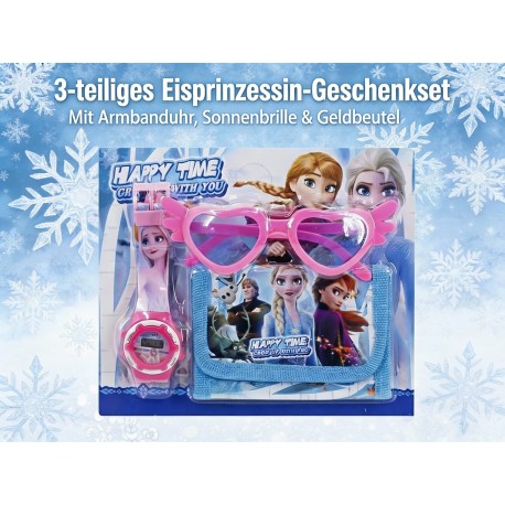 La Reine des Neiges set de cadeau 3 pièces avec montre digitale, lunettes de soleil coeur et portefeuille