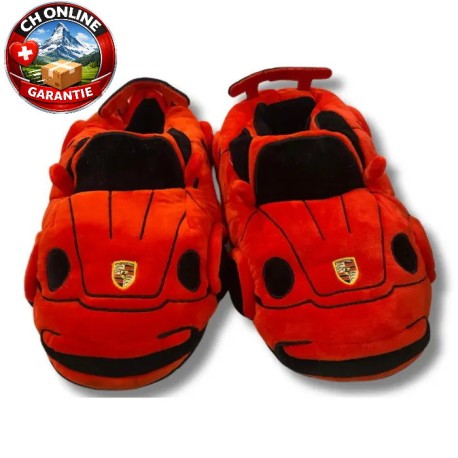 Chaussons Porsche en peluche rouge noir avec logo brodé