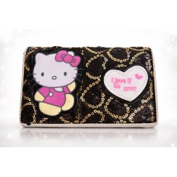Hello Kitty Portemonnaie Schwarz Geldsack mit Gold Pailletten Vorderansicht 14x9 cm