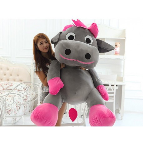 Riesiges Plüschtier Kuh 140 cm in Grau und Pink sitzend